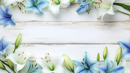 Blue and white lily flowers and leaf Border surrounding on a White Blue turqouise rustic Wooden Tabletop, Highlighting the Soft and Selective Elements of Flower Border Art. Generative ai