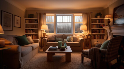 Fototapeta premium A cozy living room, with warm lighting and comfortable furnishings. stack of books on a side table or a vase of flowers on the mantel. generative ai.