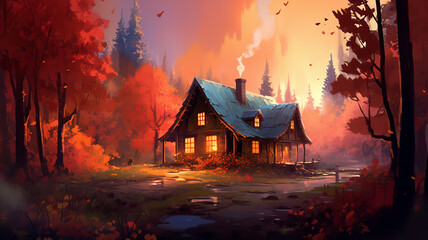 a cozy cabin in the woods surrounded by trees with colorful leaves, with smoke rising from the chimney and a warm glow coming from the windows. generative ai.