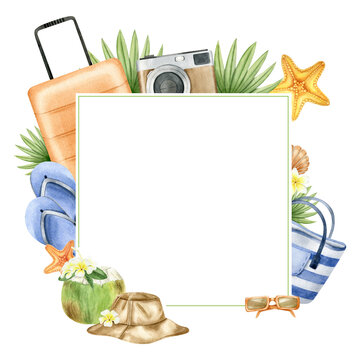 Travel orange suitcase, striped beach bag, panama hat, photo camera, tropical leaves, starfish, coconut. Frame with summer beach accessories and tropical leaves. Watercolor illustration. Isolated.