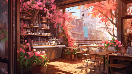 An illustration of a cozy coffee shop in spring, with blooming flowers. generative ai. 