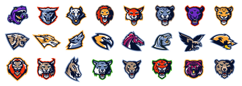 Set of sport logos animal mascots. Colorful large collection of mascots for sports clubs and teams. Bear, fox, wolf, tiger, lion, panther, puma, cougar, leopard, lynx, horse, hawk, eagle, dinosaur