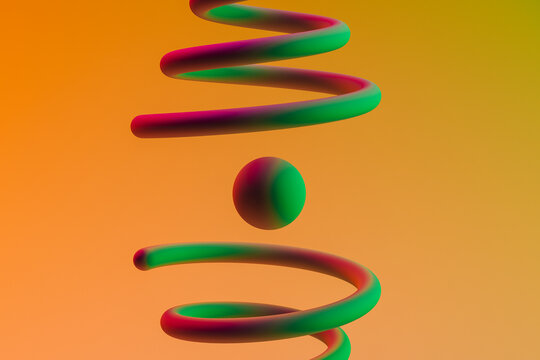 3D render of green sphere floating between two spirals