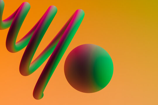 3D render of green sphere and spiral floating against orange background