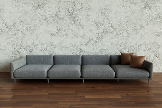 3D render of gray sofa standing on wooden floor