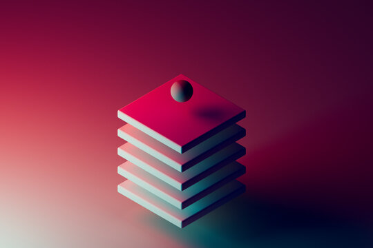 3D render of sphere and square tiles floating against red background