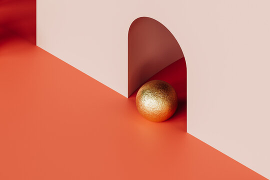 3D render of golden sphere emerging from pink tunnel