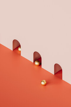 3D render of golden spheres emerging from pink tunnels