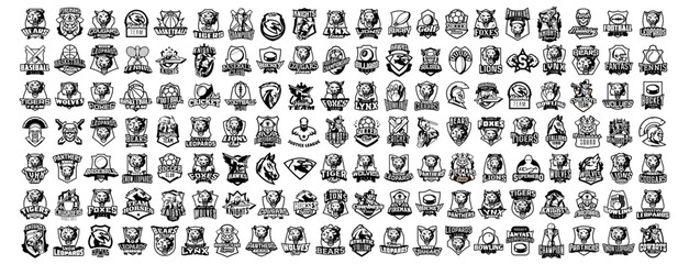 Fototapeta na wymiar Monochrome set of stickers and icons. A large collection of icons, badges, stickers in black and white. Animals, soldiers, warriors, cowboys and more. Vector illustration isolated on white background.