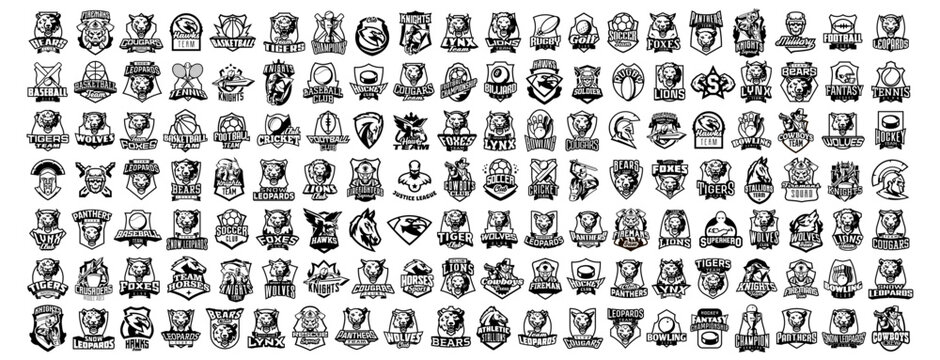 Monochrome set of stickers and icons. A large collection of icons, badges, stickers in black and white. Animals, soldiers, warriors, cowboys and more. Vector illustration isolated on white background.