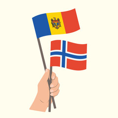 Flags of Moldova and Norway, Hand Holding flags