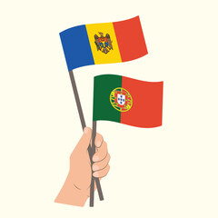 Flags of Moldova and Portugal, Hand Holding flags