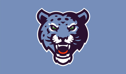 Snow leopard mascot logo. Wild animal head logo with grin. Badge, sticker of a snow leopard for a team, sports club. Isolated vector illustration