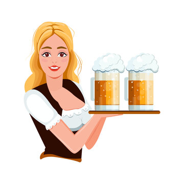 International Beer Day. Oktoberfest. A girl waitress holding glasses of beer. World Beer Day.  National holiday, festival celebrated on a Friday in August. Flat vector image of a bartender girl holdin