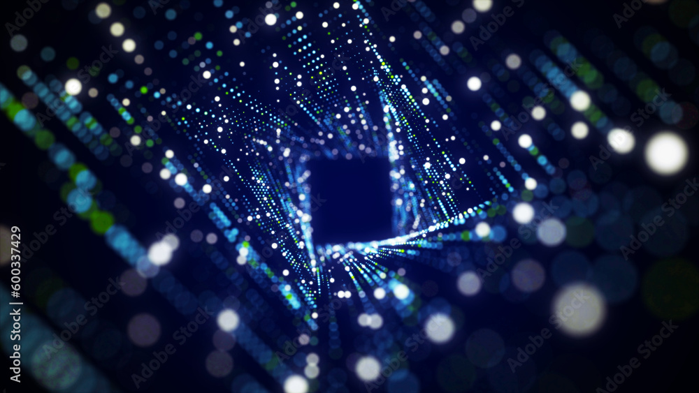 Poster Futuristic particle flow in cyberspace. Abstract bend 3d portal. Digital technology web flow. Big data visualization. 3d rendering.