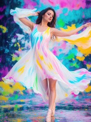 Obraz na płótnie Canvas Young woman in liquid colorful dress. Generative AI