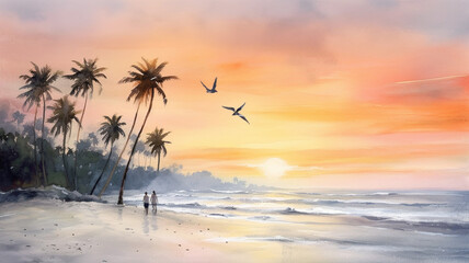 A peaceful beach sunset with a couple walking along the shore, seagulls flying in the background. generative ai.