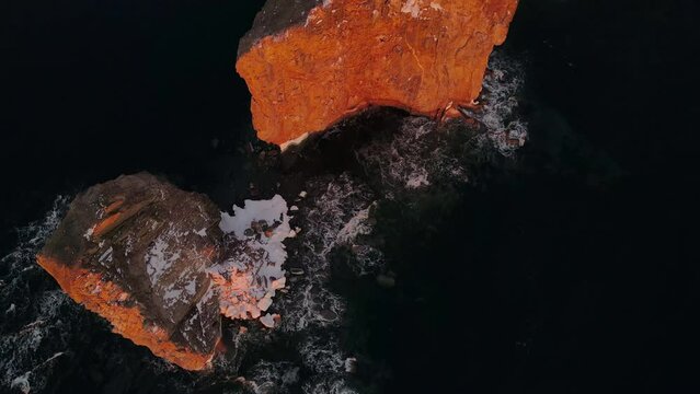 Drine top down view at 60fps of famous Perce rock in Perc&eacute;, Qu&eacute;bec, Canada.