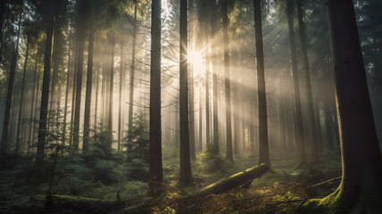 A misty forest in the early morning, with rays of sunlight filtering through the trees, peaceful concept. generativa ai.