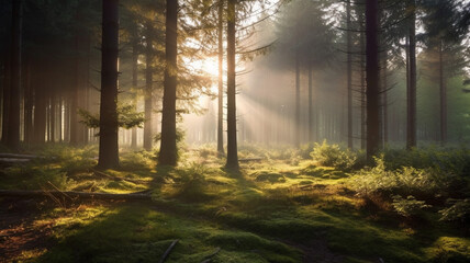 A misty forest in the early morning, with rays of sunlight filtering through the trees, peaceful concept. generativa ai.