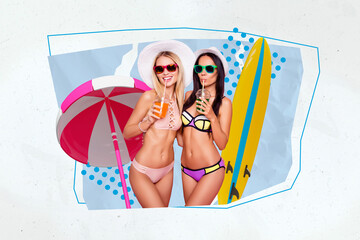 3d retro abstract creative artwork template collage of smiling ladies enjoying refreshing cocktails...