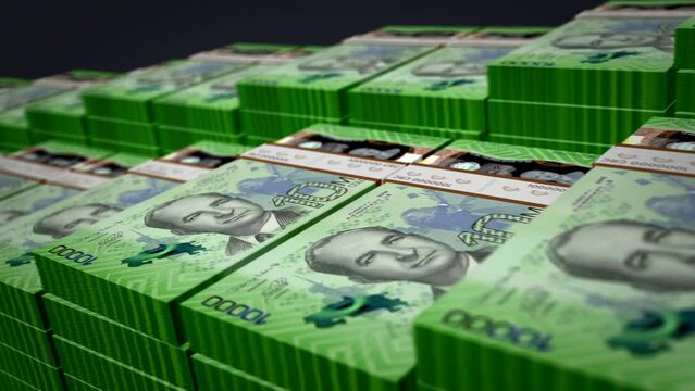 Costa Rica money Costa Rican Colon banknote bundle growth up loop. CRC money stacks. Concept of cash pack, banking, travel, business, economy and finance. Loopable seamless 3d animation.