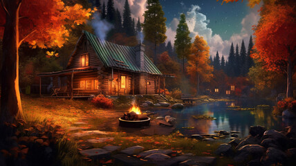 autumn landscape with colorful trees and fallen leaves covering the ground, a cozy cabin nestled in the woods, and a campfire burning brightly. generative ai.