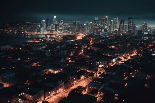 View Of SF Skyline With Decorated Lights From Above. Generative AI