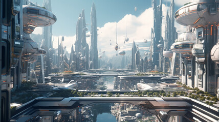 A sci-fi cityscape with futuristic skyscrapers and flying cars. generative ai.