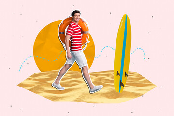 Creative retro 3d magazine collage image of smiling lifeguard working beach isolated pastel pink...