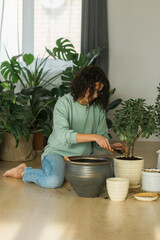 Woman grows potted plants at home watering and take care flowers - gardening and houseplant care concept