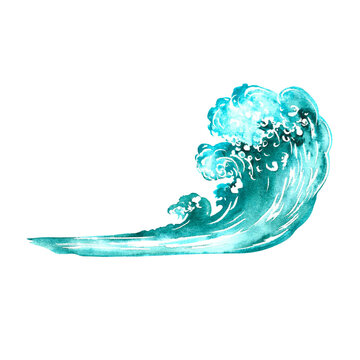 Sea wave, blue, turquoise, isolated on white background. Watercolor hand drawn illustration. Designed for flyers, banners, postcards. For invitations, posters, labels and packaging, stickers, prints.