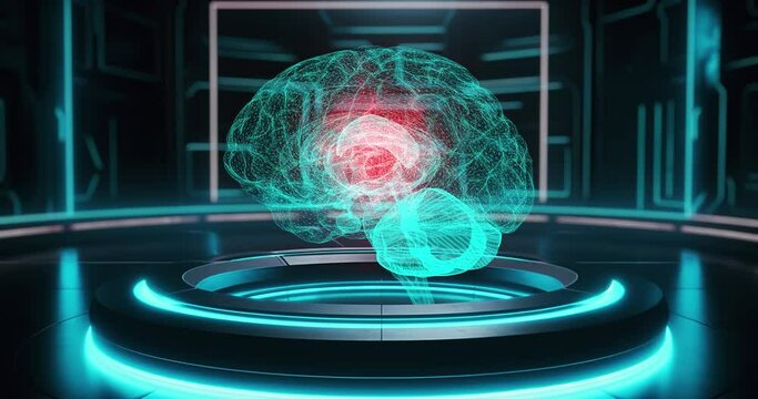 Brain tumor holographic scanning. Rotating 3D projection of human brain. Seamless loop