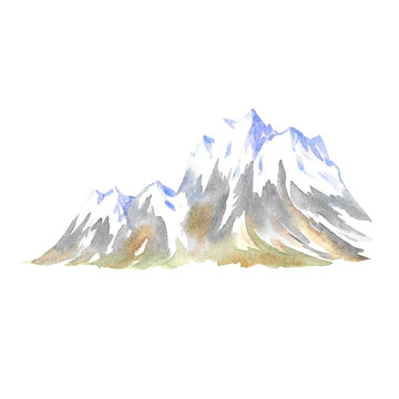 Snowy mountains. hand painted watercolor illustration.Isolate on white background. Designed for flyers, banners and postcards. For invitations, posters and labels. For packaging and decoration.