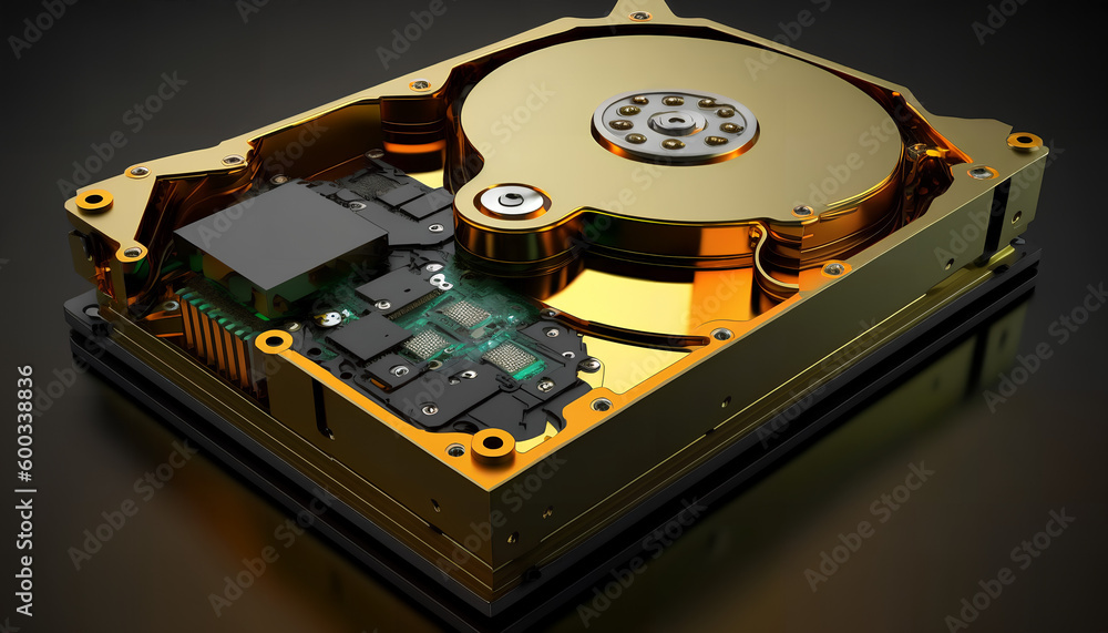 Poster hard disk drive and open cover. computer hardware
