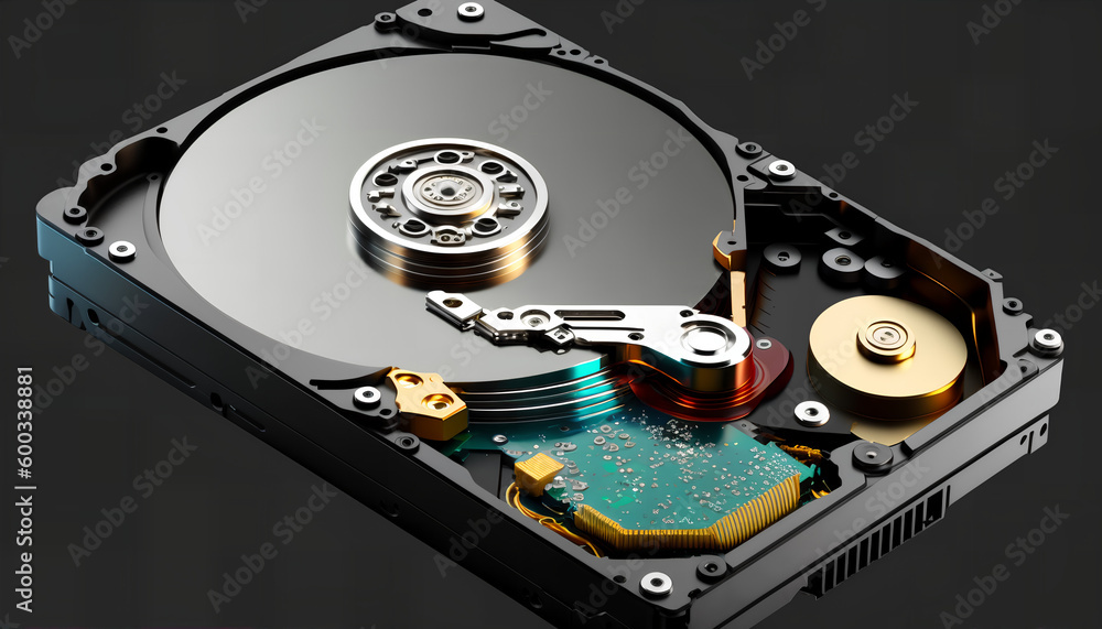 Poster hard disk drive and open cover. computer hardware