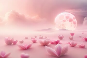 Surreale Landschaft in softfarbenen Rosatönen, rosa Blumen im Vordergrund, großer Vollmond im Hintergrund