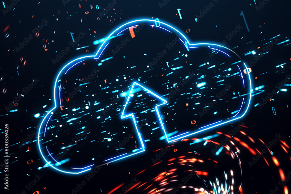 Aufkleber Cloud service and data exchange technology concept with front view on digital blue cloud symbol with circuit and arrow inside on dark background with binary coding. 3D rendering