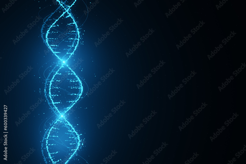 Poster innovation, science and genetics concept with bright digital dna molecule neon style on abstract dar