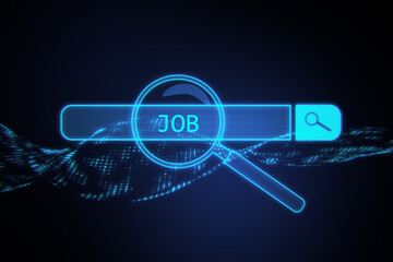 Looking for a new job, career, opportunity and work position concept with digital magnifying glass on job search bar on abstract dark background with dna. 3D rendering