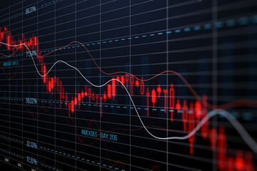 Perspective view of stock market crash and economy crisis concept with red falling down digital financial chart candlestick and diagram on dark background with stock market indicators. 3D rendering © Who is Danny