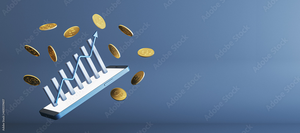 Poster abstract cellphone with creative business chart and golden dollar coins on wide blue background with