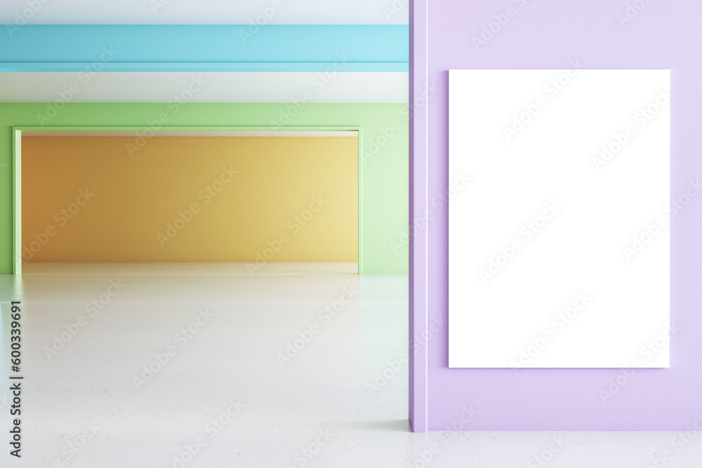 Poster colorful gradient rainbow living room interior with empty white mock up banner on wall. design and c