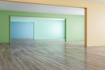 Colorful gradient rainbow living room interior with arches and wooden flooring. Design and creativity concept. 3D Rendering.