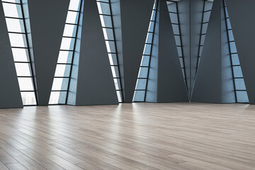 New gallery interior with abstract windows, city view and wooden flooring with reflections. 3D Rendering.