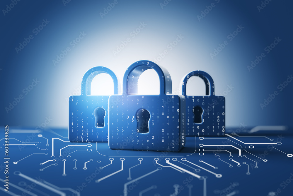 Poster cyber data, privacy and network protection concept with front view on blue padlocks binary code prin