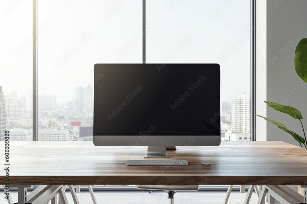 Poster Front view of a modern office workplace with wooden desk with blank screen computer, on city view window background in light interior, mockup. Comfortable and ergonomic workspace concept. 3D Rendering