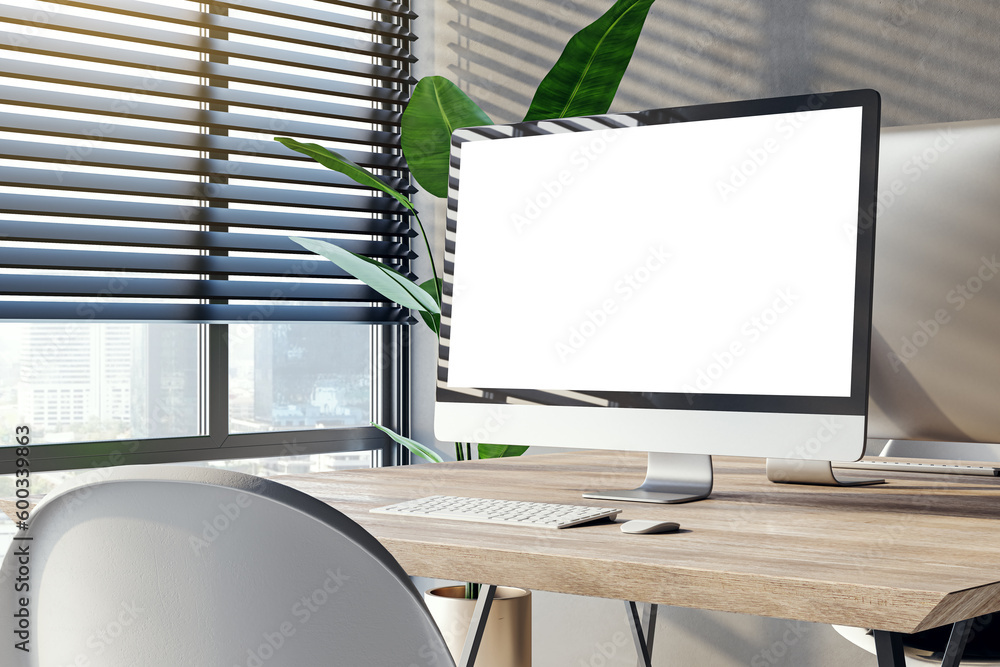 Poster Side view of modern office workplace with wooden desk with blank screen computer on window with city view background in cozy interior, mockup. Webdesign and project presentation concept. 3D Rendering