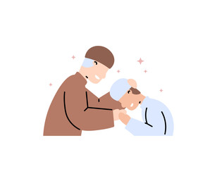 illustration of a Muslim boy apologizing to his father. apologize to parents. forgive each other on Eid al-Fitr. traditions on Islamic holidays. Eid, Eid al-Adha, and Ramadan. vector design elements