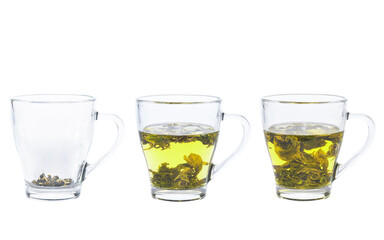 Tea brewing process. Three transparent cups of green tea. On a white background.